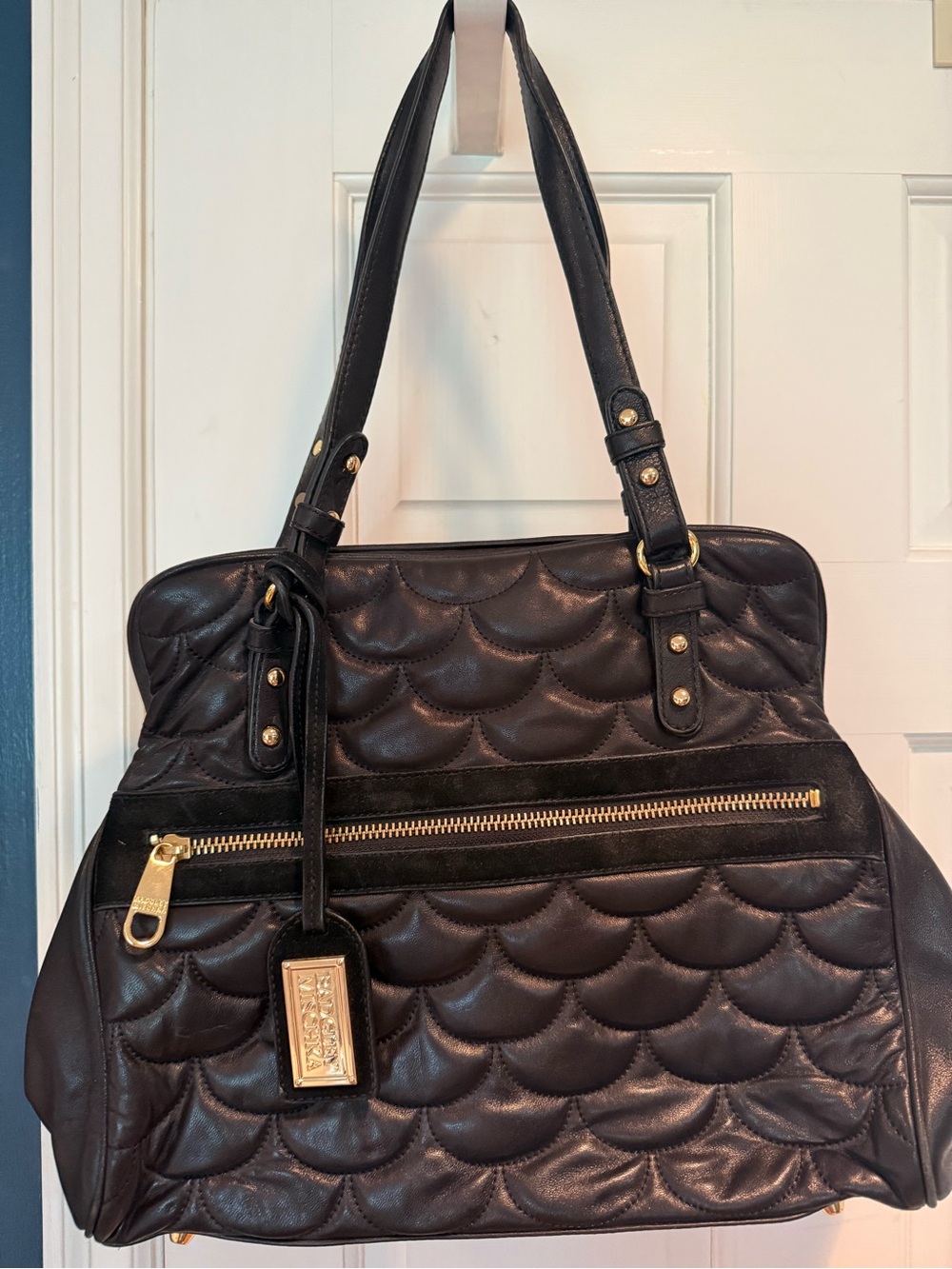 Badgley Mischka Black Quilted Leather Tote with Gold Hardware